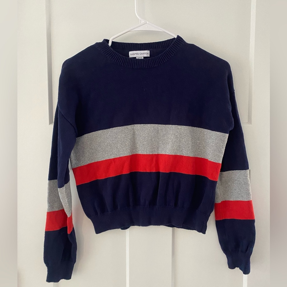 Harper Canyon Navy, Gray, and Red Striped Sweater